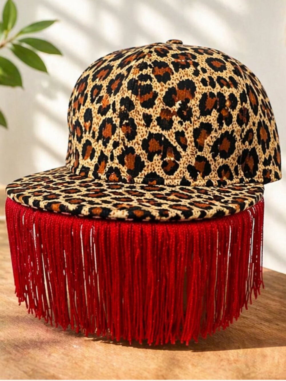 Leopard Print Cap with Red Fringe – Handmade Festival Party Hat
